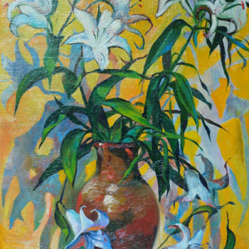 Painting titled "Flowers On A Yellow…" by Nikolay Biryukov, Original Artwork, Oil