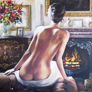 Autumn Girl by the fireplace - original acrylic painting on