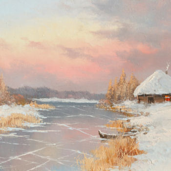 Painting titled "Winter river, boat.…" by Nikolay Lyamin, Original Artwork, Oil