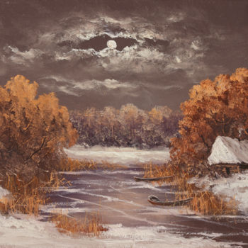 Painting titled "Night over the river" by Nikolay Lyamin, Original Artwork, Oil