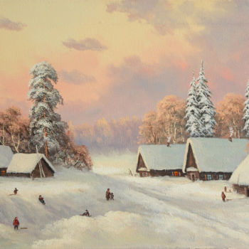 Ζωγραφική με τίτλο "Winter day in the v…" από Nikolay Lyamin, Αυθεντικά έργα τέχνης, Λάδι