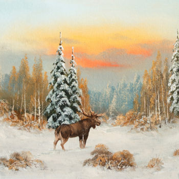 Pintura intitulada "Winter forest. Elk" por Nikolay Lyamin, Obras de arte originais, Óleo