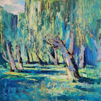 Painting titled "Under willow trees" by Nikoletta Király, Original Artwork, Oil Mounted on Wood Panel