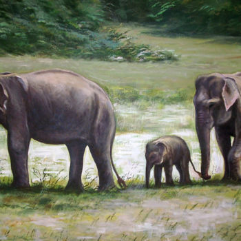 Painting titled "Family Trip" by Nilantha Vidanarachchi, Original Artwork, Oil Mounted on Wood Stretcher frame