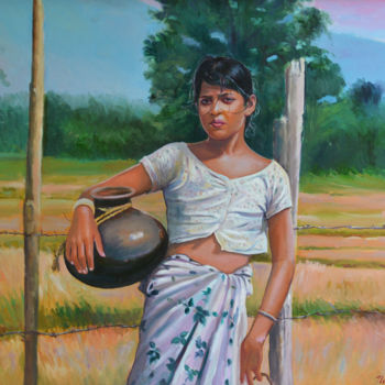 Painting titled "Village Lass" by Nilantha Vidanarachchi, Original Artwork, Oil Mounted on Wood Stretcher frame