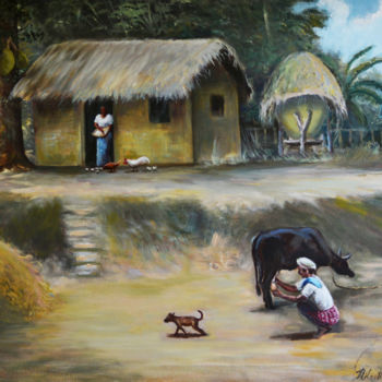 Painting titled "Daily Chores" by Nilantha Vidanarachchi, Original Artwork, Oil Mounted on Wood Stretcher frame
