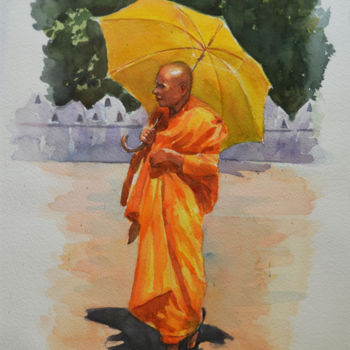 Painting titled "Elder of the Temple" by Nilantha Vidanarachchi, Original Artwork, Oil Mounted on Wood Stretcher frame