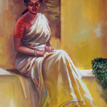 Painting titled "Lonely Prayer" by Nilantha Vidanarachchi, Original Artwork, Oil Mounted on Wood Stretcher frame