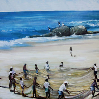 Painting titled "Team Effort" by Nilantha Vidanarachchi, Original Artwork, Oil Mounted on Wood Stretcher frame