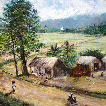 Painting titled "Paddy Land" by Nilantha Vidanarachchi, Original Artwork, Oil Mounted on Wood Stretcher frame