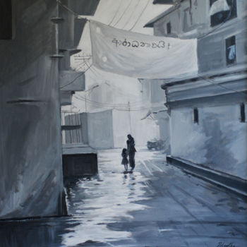 Картина под названием "Streets Unknown" - Nilantha Vidanarachchi, Подлинное произведение искусства, Масло Установлен на Дере…