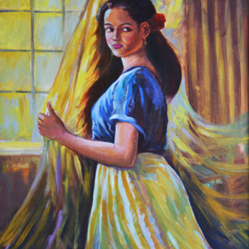 Painting titled "Lost in Thought" by Nilantha Vidanarachchi, Original Artwork, Oil Mounted on Wood Stretcher frame