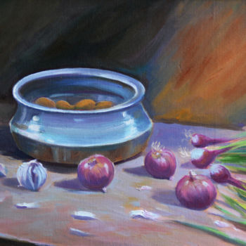 Painting titled "Culinary Moments" by Nilantha Vidanarachchi, Original Artwork, Oil Mounted on Wood Stretcher frame