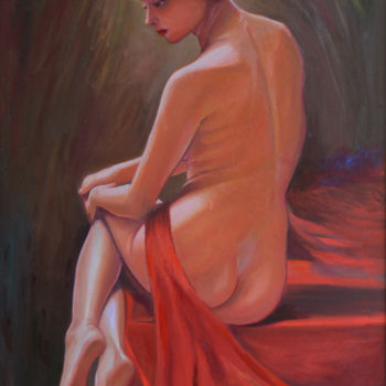 Painting titled "Sultry in Red" by Nilantha Vidanarachchi, Original Artwork, Oil Mounted on Wood Stretcher frame