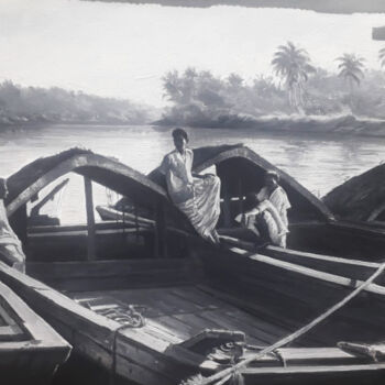 Painting titled "River Boats" by Nilantha Vidanarachchi, Original Artwork, Acrylic Mounted on Wood Stretcher frame