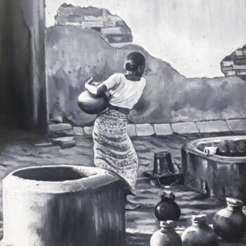 Painting titled "At the Water Well" by Nilantha Vidanarachchi, Original Artwork, Acrylic Mounted on Wood Stretcher frame