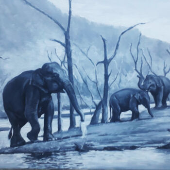 Painting titled "Elephants at Play" by Nilantha Vidanarachchi, Original Artwork, Acrylic Mounted on Wood Stretcher frame
