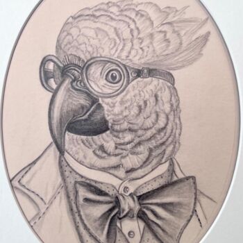 Painting titled "Parrot" by Nina Grighel, Original Artwork, Pencil Mounted on Cardboard
