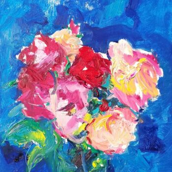 Schilderij getiteld "Roses sur fond bleu" door Nina Karapetyan Michel (NKAR), Origineel Kunstwerk, Olie Gemonteerd op Frame…