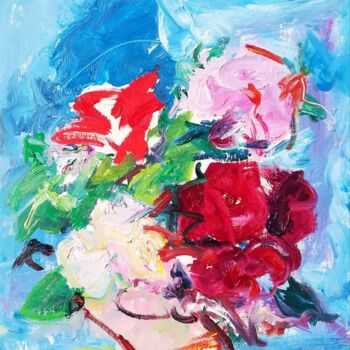 Peinture intitulée "Roses sur bleu clai…" par Nina Karapetyan Michel (NKAR), Œuvre d'art originale, Huile