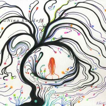 Dibujo titulada "Zen Nude Adorns a T…" por Nina Kuriloff, Obra de arte original, Pluma de gel