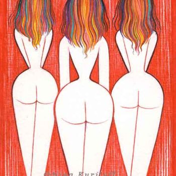 Dessin intitulée "Trio in Red" par Nina Kuriloff, Œuvre d'art originale, Encre