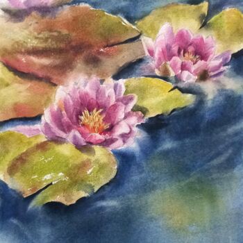 Painting titled "Water lilies" by Nina Rusakova, Original Artwork, Watercolor