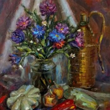 Painting titled "Still life with flo…" by Nina Silaeva, Original Artwork, Oil Mounted on Wood Stretcher frame