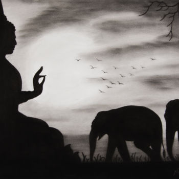 Peinture intitulée "Bouddha et éléphants" par Nina (Nadine Pillet), Œuvre d'art originale, Autre
