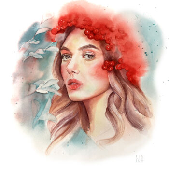 Painting titled "a girl with a cranb…" by Nina Ingilevich, Original Artwork, Watercolor