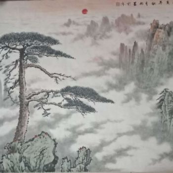 Ζωγραφική με τίτλο "Pine trees to welco…" από Yu Ning 宁宇, Αυθεντικά έργα τέχνης, Χρωστικές ουσίες