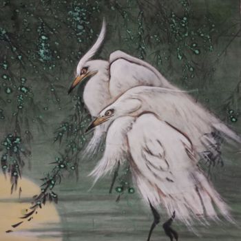 Ζωγραφική με τίτλο "Birds and flowers" από Yu Ning 宁宇, Αυθεντικά έργα τέχνης, Χρωστικές ουσίες