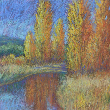 Pintura intitulada "Autumn river" por Nino Gudadze, Obras de arte originais, Pastel