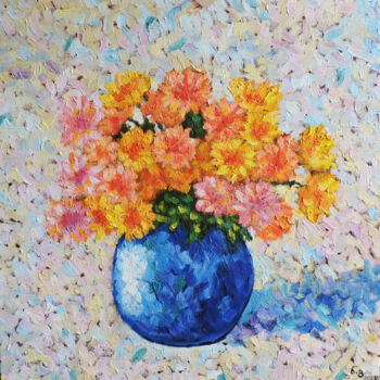 Pittura intitolato "Flowers in blue vase" da Nino Gudadze, Opera d'arte originale, Olio