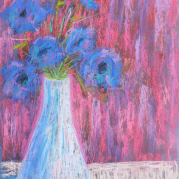 Painting titled "Blue Flowers" by Nino Gudadze, Original Artwork, Pastel