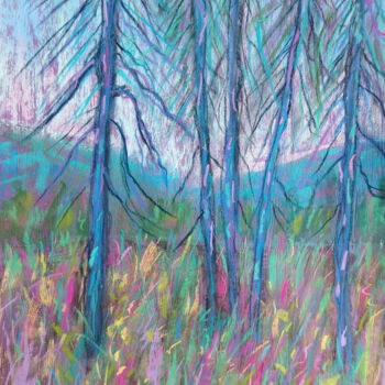 Painting titled "Blue forest" by Nino Gudadze, Original Artwork, Pastel