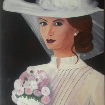 Malerei mit dem Titel "La dame au chapeau" von Nicole Plisson, Original-Kunstwerk, Öl
