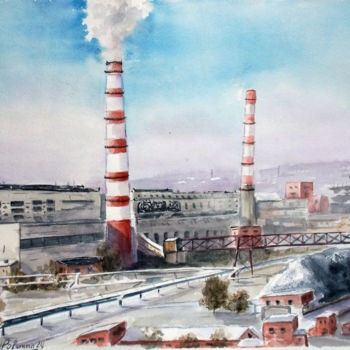 Painting titled "Industrial area 1" by Nina Polunina, Original Artwork, Watercolor