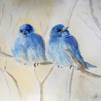 Painting titled "Blue tits" by Nina Polunina, Original Artwork, Watercolor