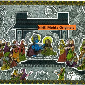 Pittura intitolato "krishna-with-gopis.…" da Niriti Mehta Jain, Opera d'arte originale