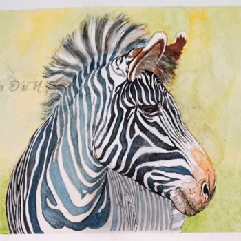 Painting titled "Curious Zebra" by Anaïs Di Camillo (NisDsiN), Original Artwork, Watercolor