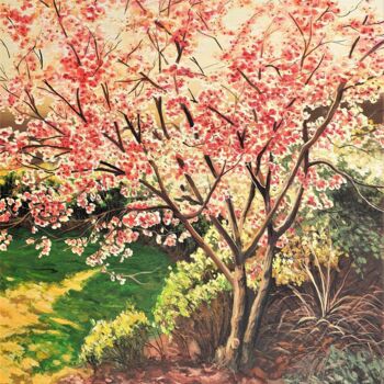 Painting titled "Spring in the garden" by Bogdan Nitescu, Original Artwork, Oil Mounted on Wood Stretcher frame