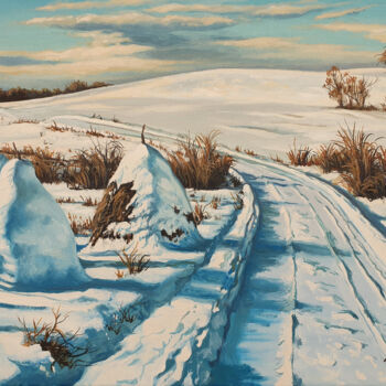 Painting titled "Winter on the hill" by Bogdan Nitescu, Original Artwork, Oil Mounted on Wood Stretcher frame