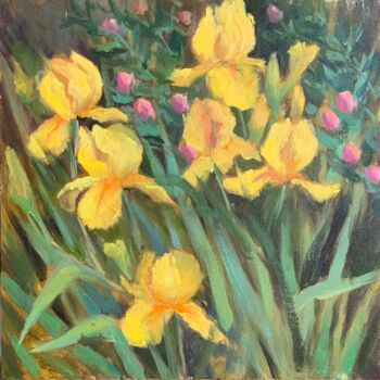 Painting titled "Irises in my garden" by Nithya Swaminathan, Original Artwork, Oil Mounted on Wood Panel