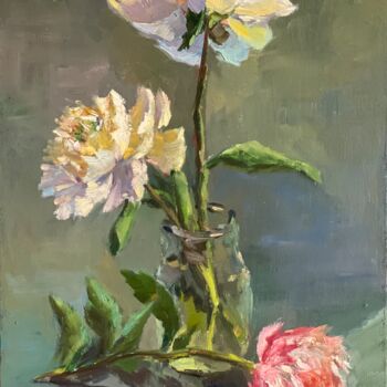 Painting titled "Peonies on my garde…" by Nithya Swaminathan, Original Artwork, Oil Mounted on Cardboard