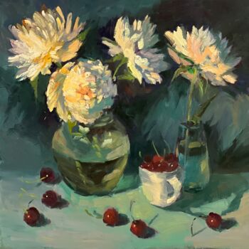Painting titled "Peony Nocturne - Or…" by Nithya Swaminathan, Original Artwork, Oil Mounted on Wood Panel