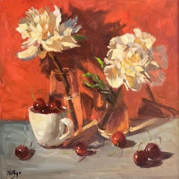 Schilderij getiteld "White Peonies and C…" door Nithya Swaminathan, Origineel Kunstwerk, Olie Gemonteerd op Houten paneel