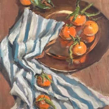Painting titled "Oranges on Stripes" by Nithya Swaminathan, Original Artwork, Oil Mounted on Wood Panel
