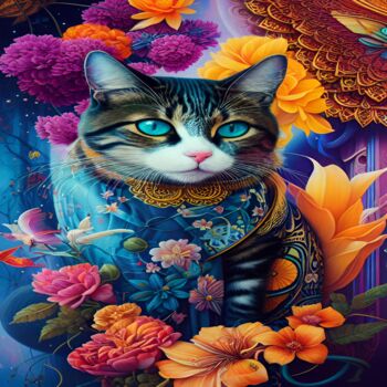 Digitale Kunst getiteld "Flower Cat" door Nivaldo Nieto Ortega, Origineel Kunstwerk, AI gegenereerde afbeelding