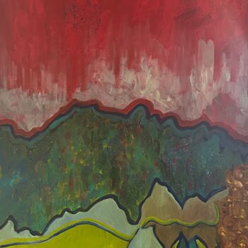 Painting titled "Red Moon landscape" by Njoy, Original Artwork, Acrylic Mounted on Wood Stretcher frame